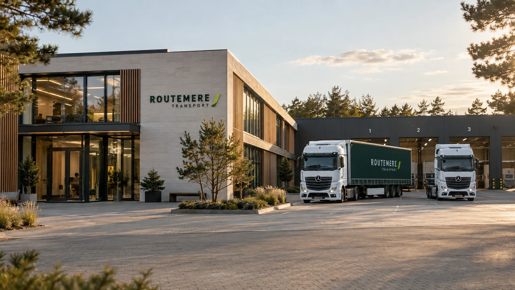 Routemere Hauptsitz mit begrüntem Vorplatz und moderner Glasfassade